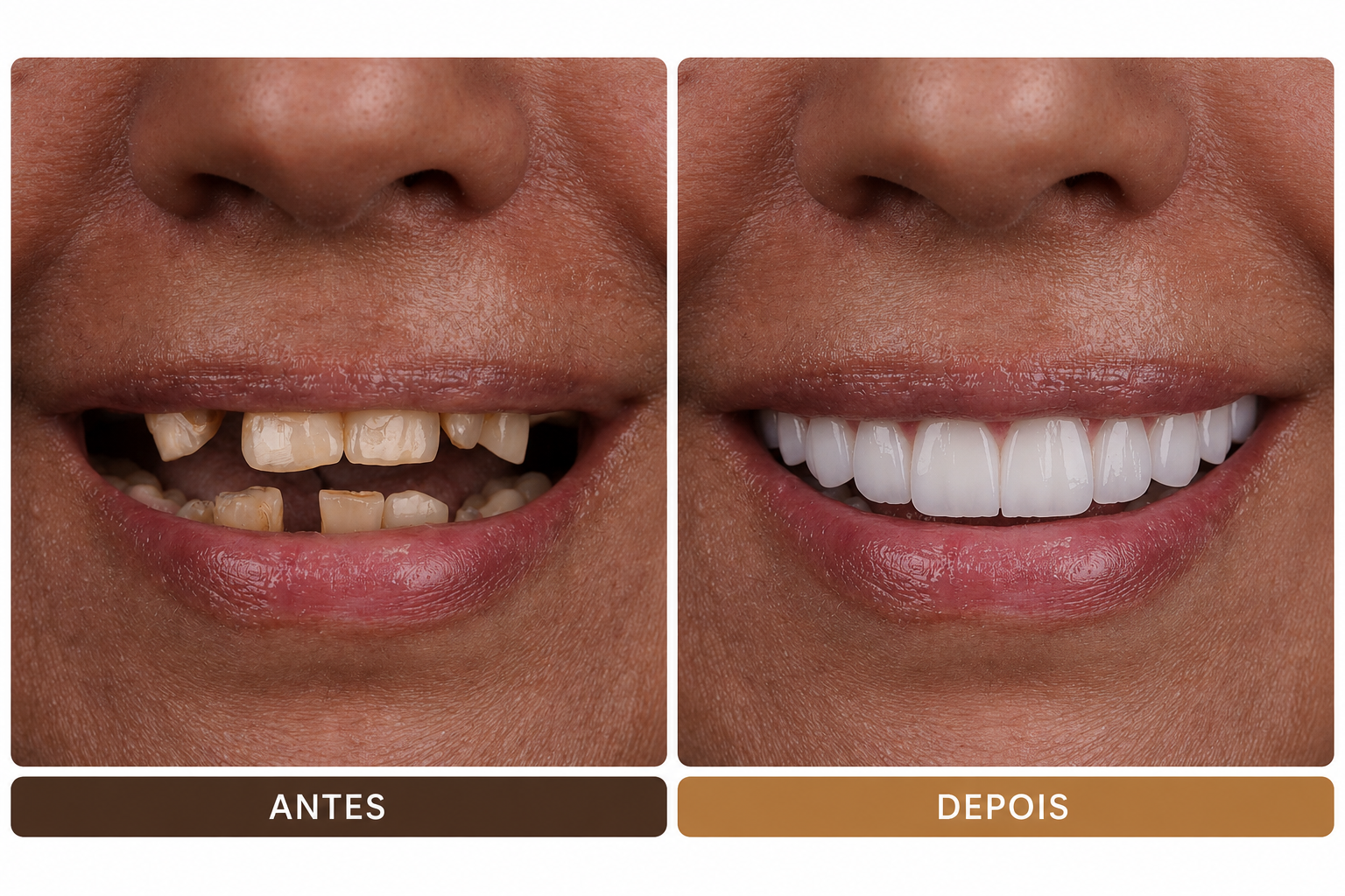 Antes e depois de tratamento com implantes dentários na Nexus Odontologia Integrada, Brasília